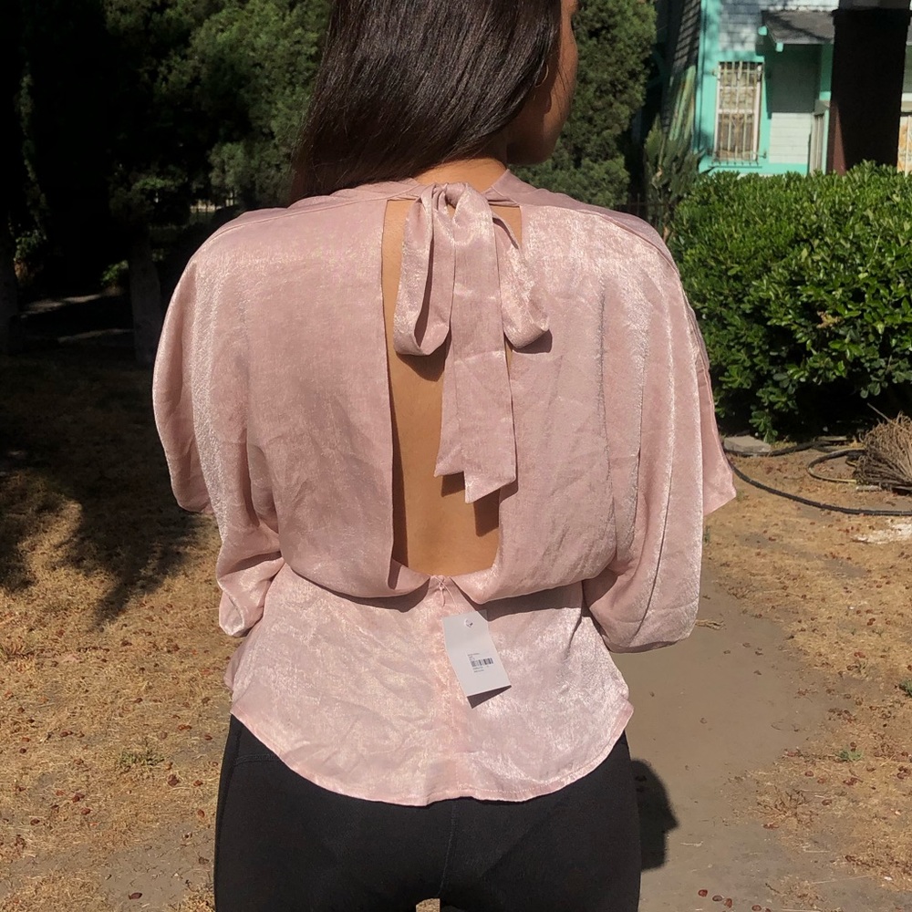 Taupe open back satin blouse